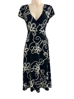 Dressbarn Black Ivory Print Surplice Midi Dress Size 14 Stretch Faux-Wrap Summer